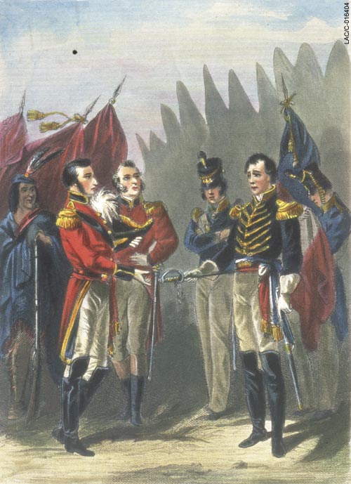 Resultat d'imatges de 1812 American General William Hull surrenders Detroit without resistance to a smaller British force under General Issac Brock.